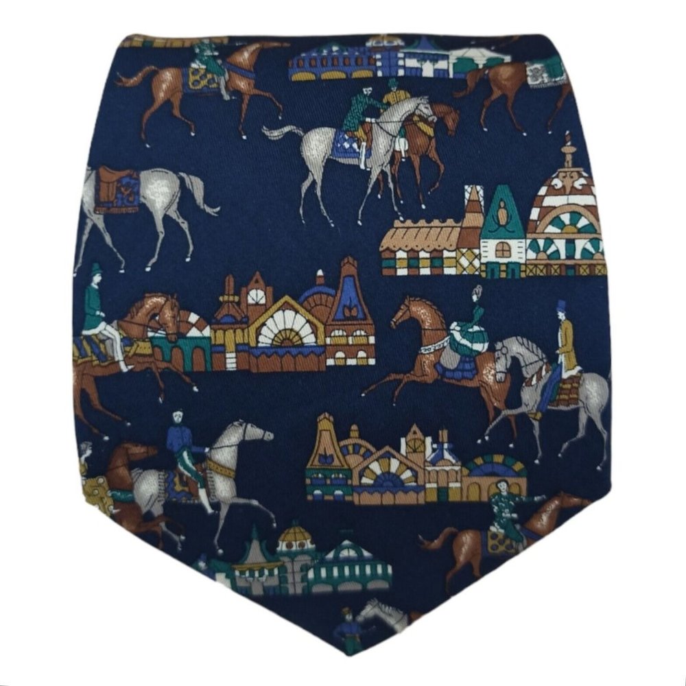 SALVATORE FERRAGAMO Blue Equestrian Silk Tie 58"/ 3.7" EC